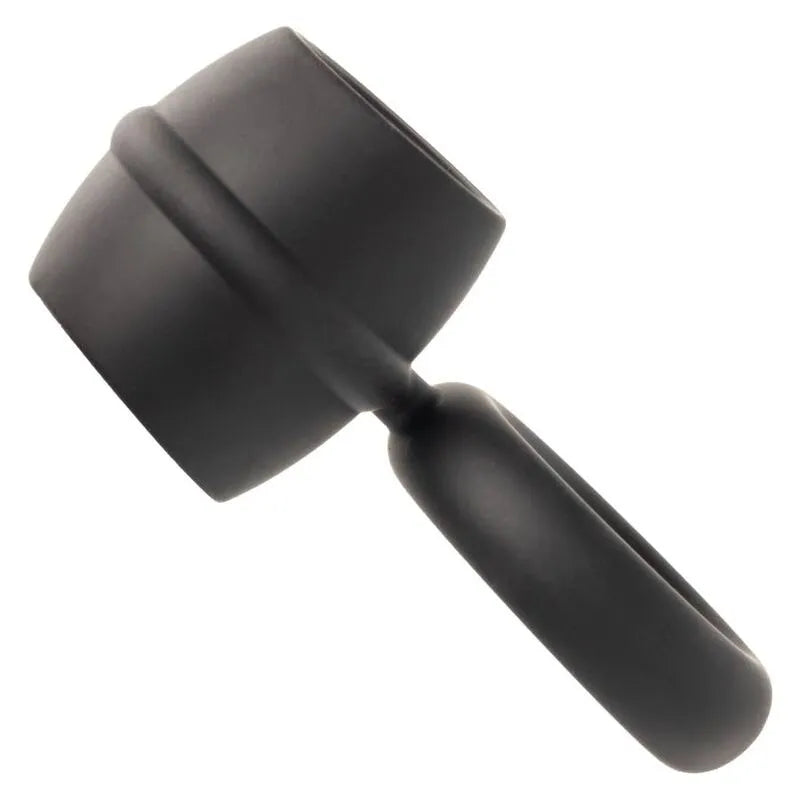Anneau pénien noir en silicone liquide, double soutien scrotum, texture moelleuse et extensible, étanche et hypoallergénique.