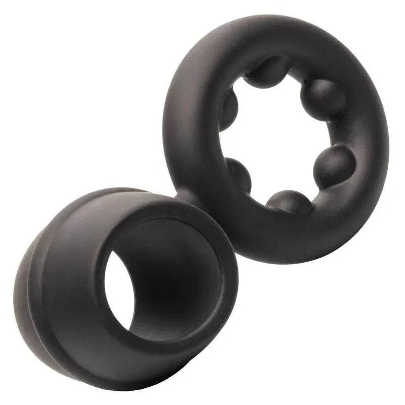 Anneau pénien noir en silicone liquide, double soutien, texture moelleuse et extensible, design ergonomique et étanche.