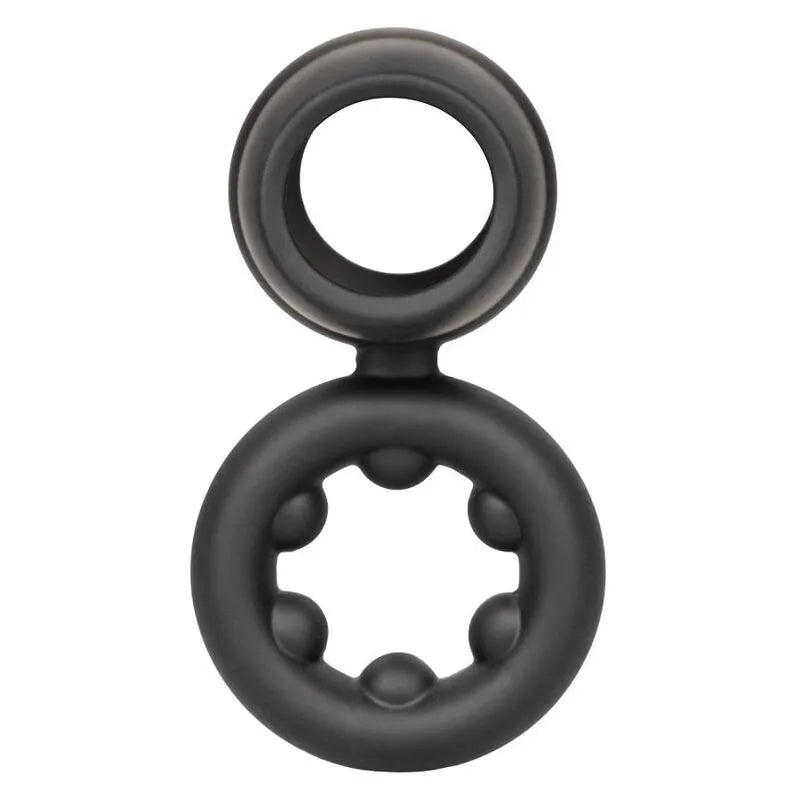 Anneau pénien noir en silicone liquide, double soutien, extensible, texture moelleuse, design ergonomique, étanche.