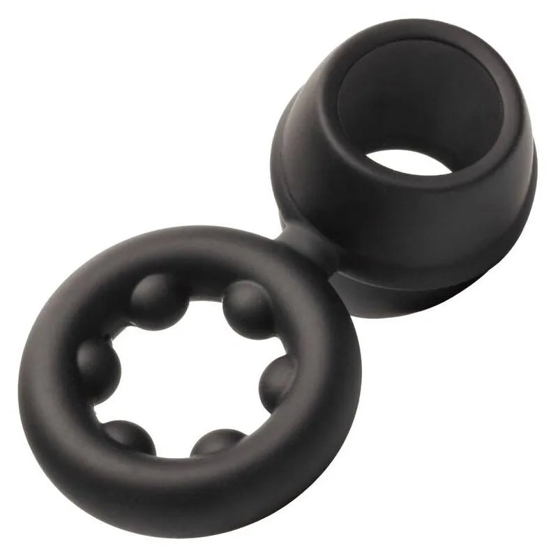 Anneau pénien noir en silicone liquide, double soutien, texture moelleuse et extensible, pour confort et stimulation.