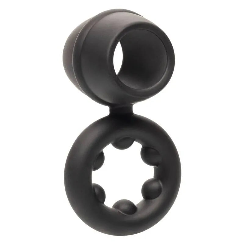 Anneau pénien noir en silicone liquide, double anneau extensible, texture moelleuse, design ergonomique et étanche.