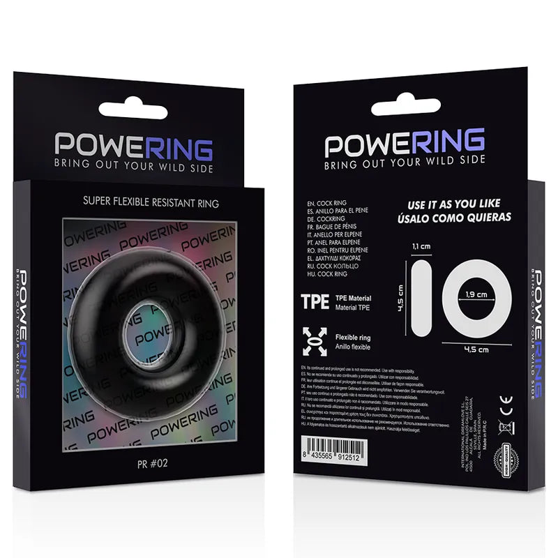 Anneau pénien silicone noir, doux et soyeux, dans emballage Powering, améliore érection, compatible lubrifiants aqueux.