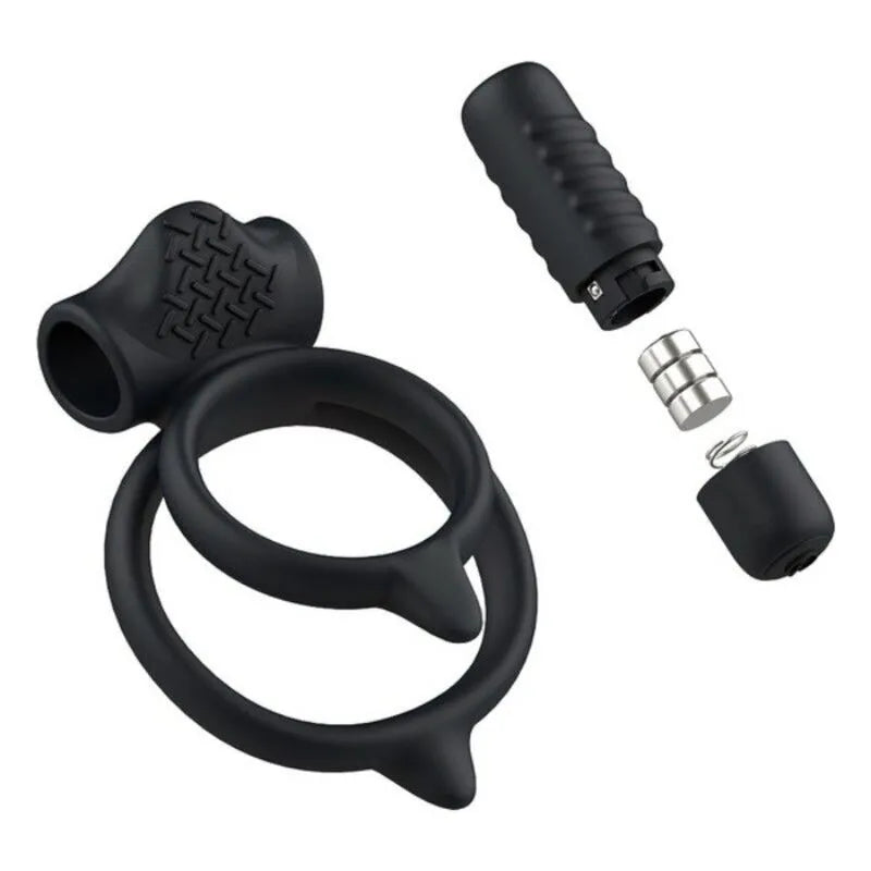 Anneau pénien silicone noir texturé vibrant, forme ergonomique, 5 niveaux de vibration, compact et discret.