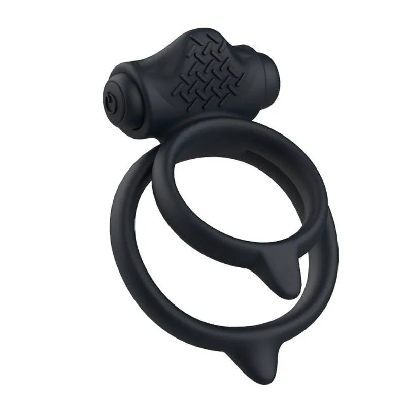 Anneau pénien en silicone noir texturé vibrant, ergonomique, avec cinq niveaux de vibration, compact et discret.