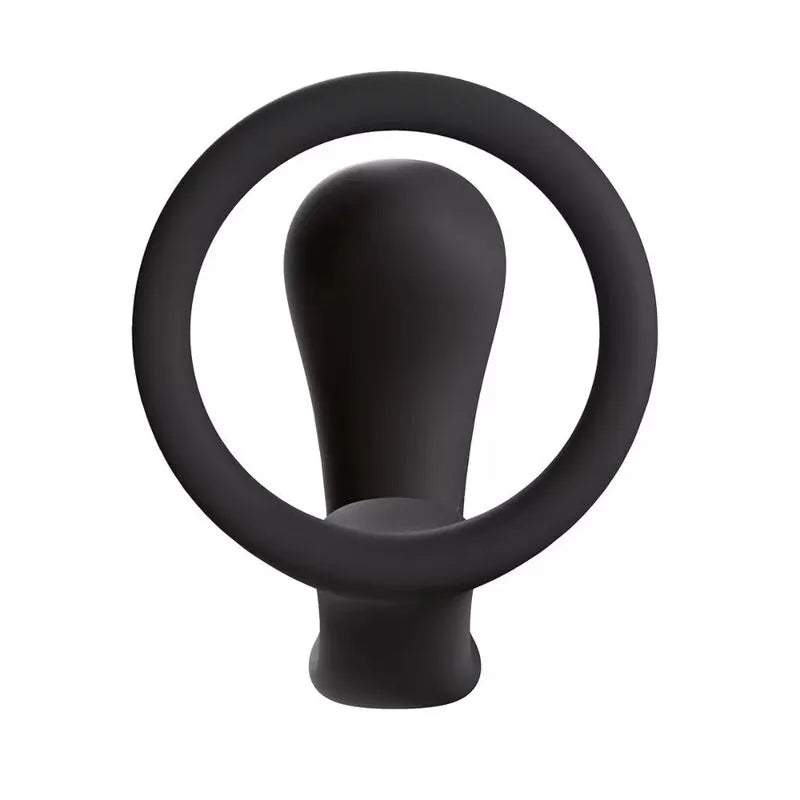Anneau pénien noir silicone, forme effilée, stimulation prostate et périnée, base flexible, idéal débutants.