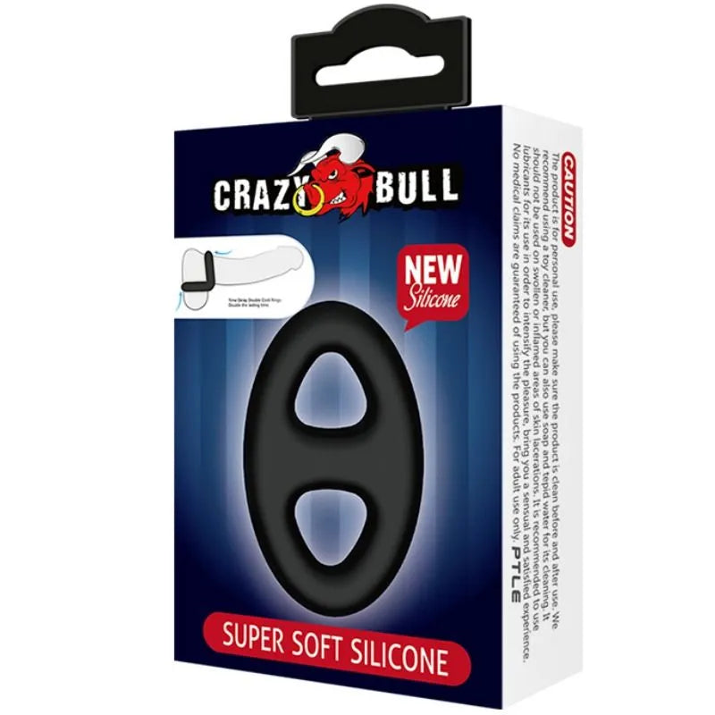 Anneau pénien noir silicone ultra doux, élastique, forme ovale, sur emballage bleu et noir, marque visible.