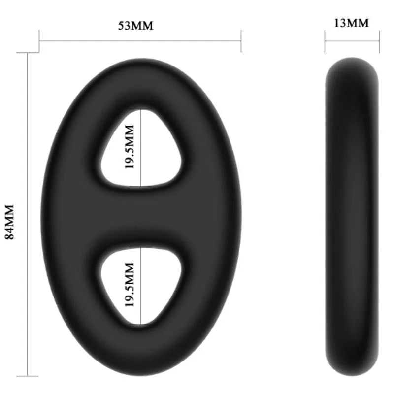 Anneau pénien silicone noir, ultra doux, élastique, forme ovale, dimensions visibles, améliore érection et confort.