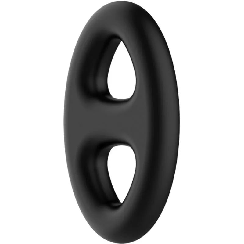 Anneau pénien silicone noir, ultra doux et élastique, forme ovale, deux ouvertures, améliore fermeté et plaisir intime.