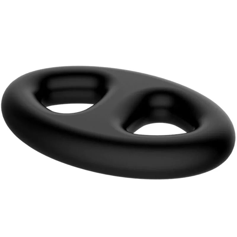 Anneau pénien noir en silicone ultra doux, élastique, forme ovale, deux ouvertures, améliore fermeté et plaisir.
