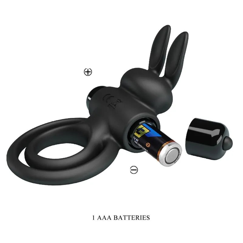 Anneau pénien noir silicone vibrant, ergonomique, hypoallergénique, avec vibrations clitoridiennes, pile AAA incluse.