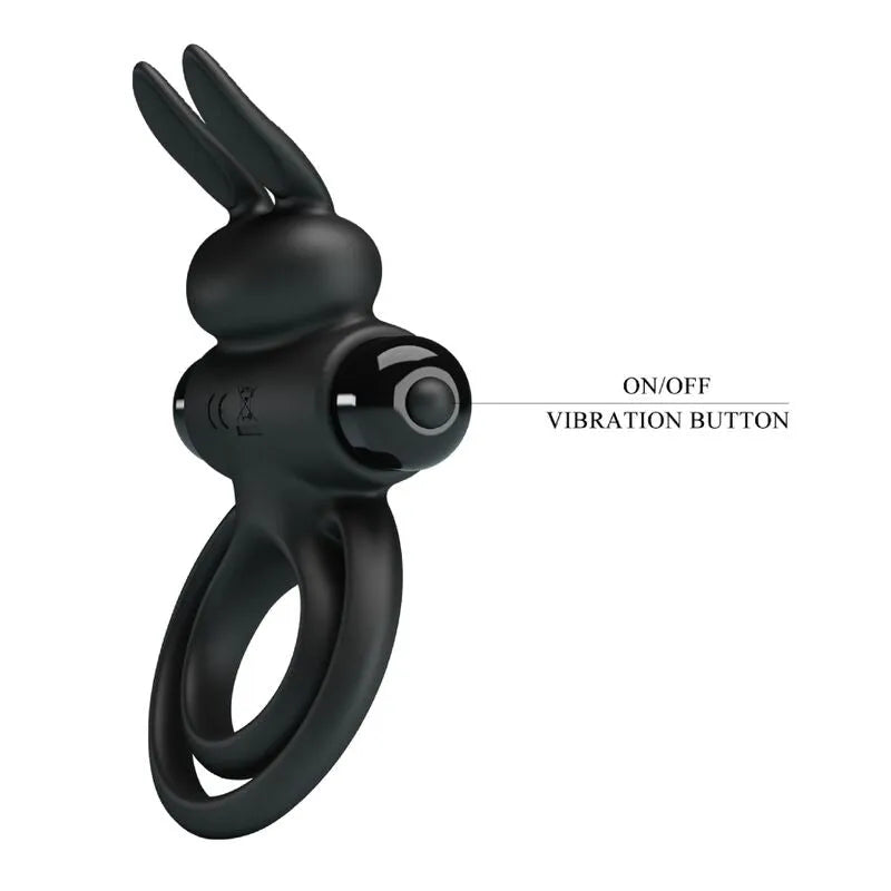 Anneau pénien noir silicone vibrant, forme ergonomique, oreilles stimulantes, bouton on/off, dix modes, hypoallergénique.