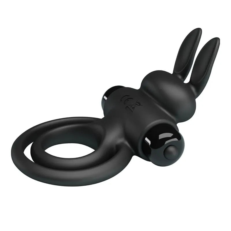 Anneau pénien noir en silicone vibrant, design ergonomique avec oreilles stimulantes, dix modes, hypoallergénique.