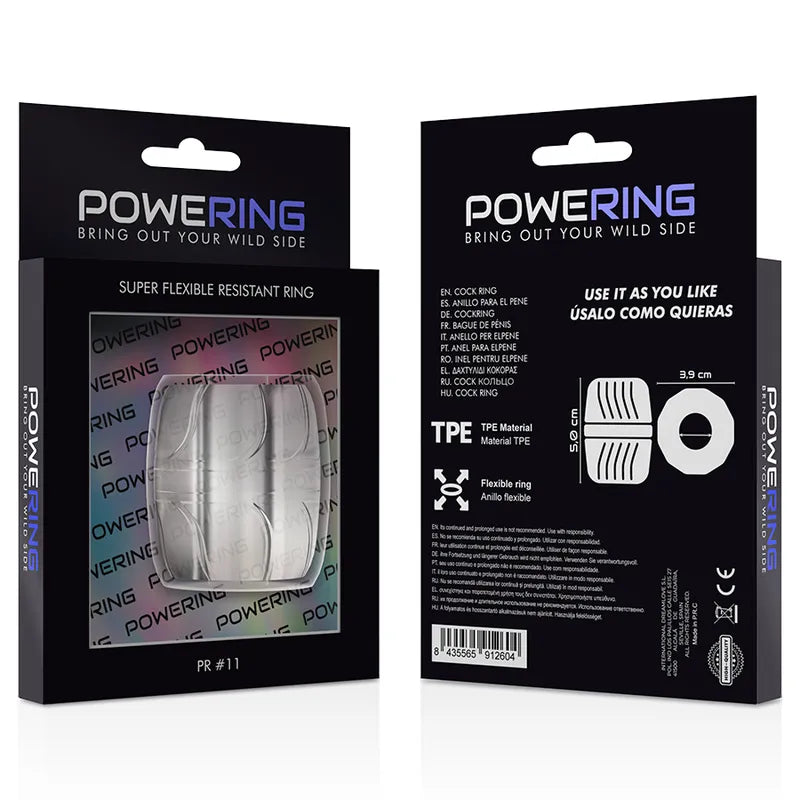 Anneau pénien TPE hypoallergénique, doux et élastique, en boîte noire avec texte blanc, pour performance sexuelle optimale.