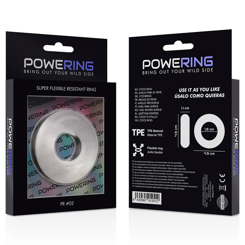 Anneau pénien TPE hypoallergénique gris, souple, ergonomique, dans emballage noir, pour érection renforcée et confort.