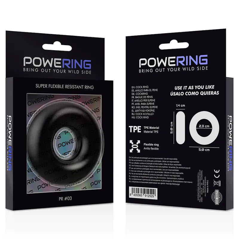 Anneau pénien noir hypoallergénique en TPE, forme circulaire, emballage Powering, confort et sécurité pour peau sensible.