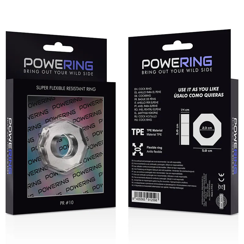 Anneau pénien transparent TPE hypoallergénique, forme circulaire, emballage noir, confort et compression uniforme.