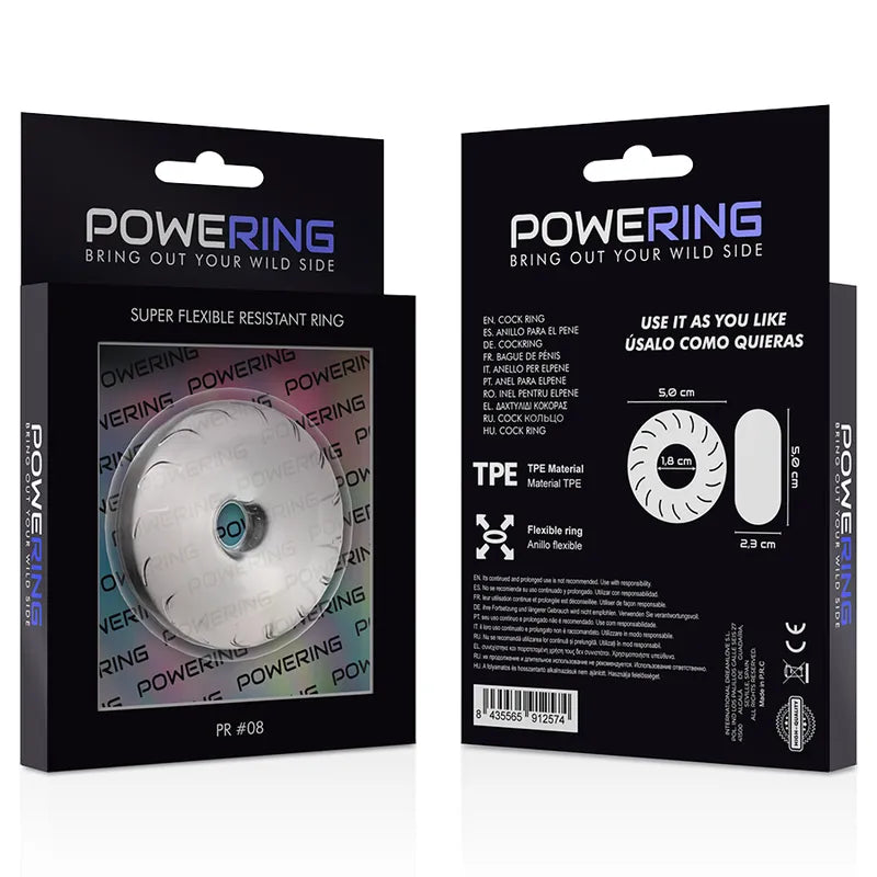Anneau pénien transparent TPE hypoallergénique, extensible, dans emballage noir, pour érection prolongée et confort.