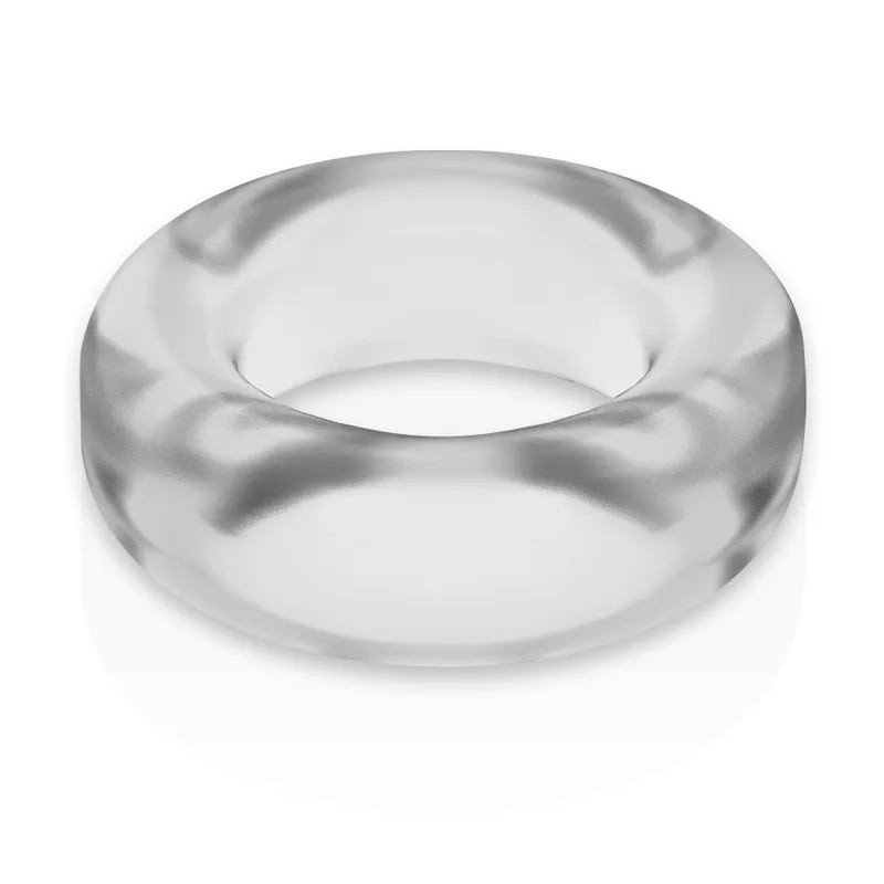 Anneau pénien transparent TPE hypoallergénique, forme ronde, compression homogène pour érections fermes et prolongées.