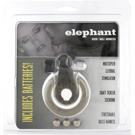 Anneau pénien vibrant éléphant gris avec stimulateur clitoridien, compact et élastique, piles incluses, emballage visible.