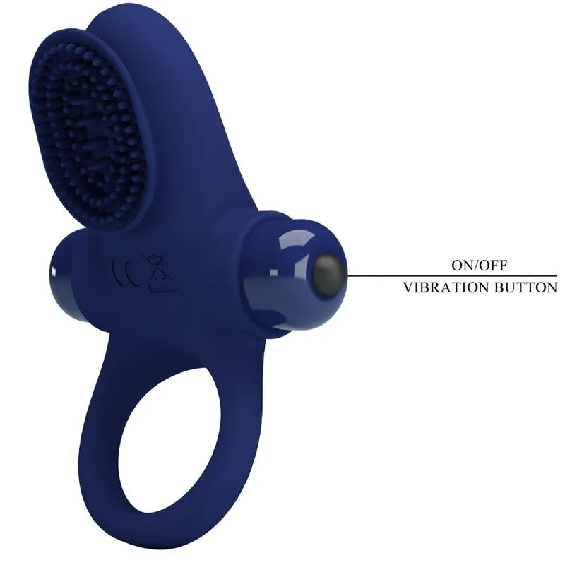 Anneau pénien vibrant bleu en silicone, design ergonomique, surface texturée, bouton de vibration, stimulation intime.