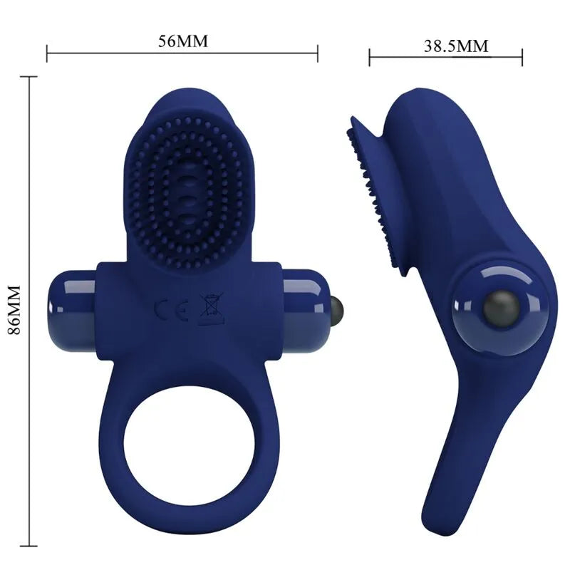 Anneau pénien vibrant bleu en silicone, design ergonomique, stimulation intime, dix modes de vibration, dimensions visibles.
