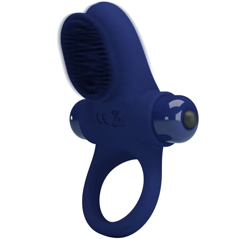 Anneau pénien vibrant bleu en silicone doux, ergonomique, avec dix modes de vibration pour stimulation intime.