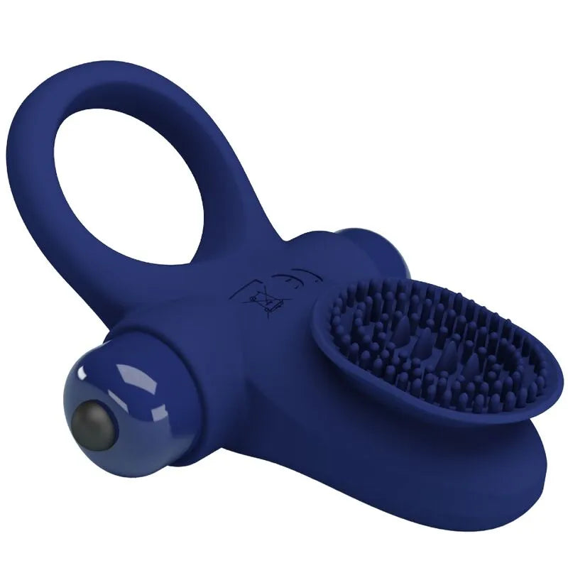Anneau pénien vibrant bleu en silicone doux, ergonomique, avec surface texturée et modes de vibration pour stimulation.