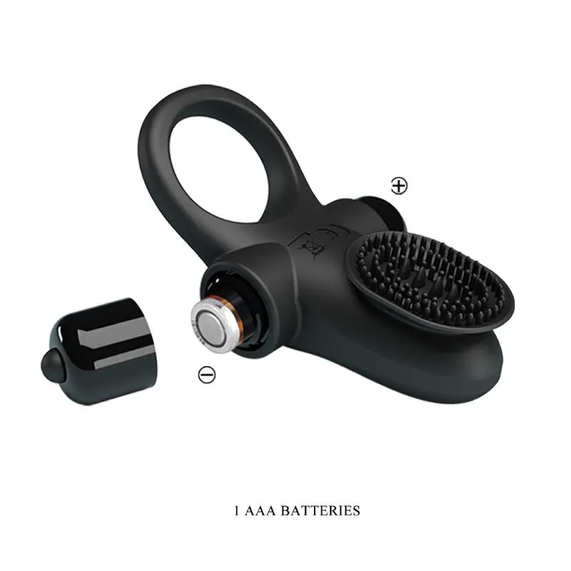 Anneau pénien vibrant noir en silicone, texture soyeuse, dix modes de vibrations, stimulation clitoridienne.