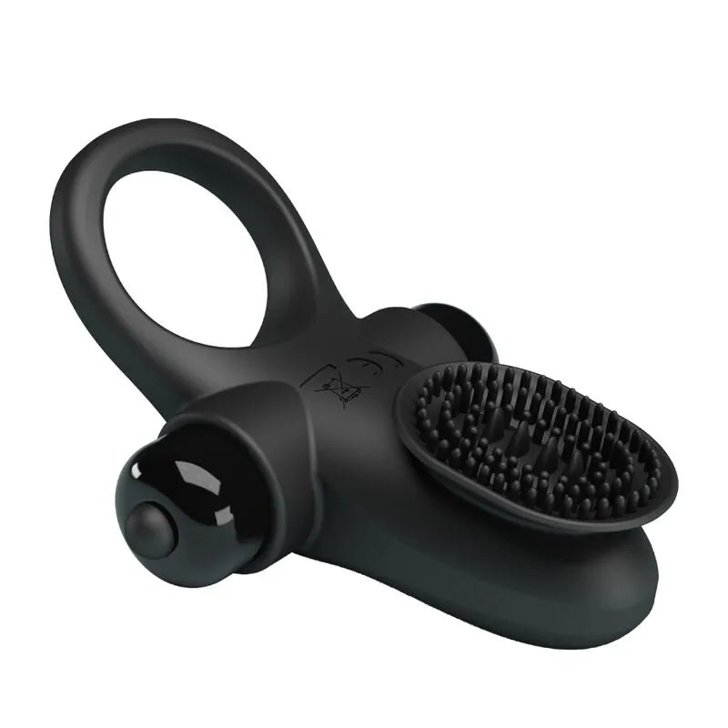 Anneau pénien vibrant noir en silicone, texture soyeuse, stimulation clitoridienne, dix modes de vibration puissants.