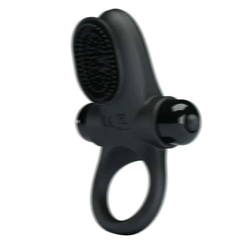 Anneau pénien vibrant noir en silicone, texture soyeuse, dix modes de vibration pour stimulation clitoridienne et érection.
