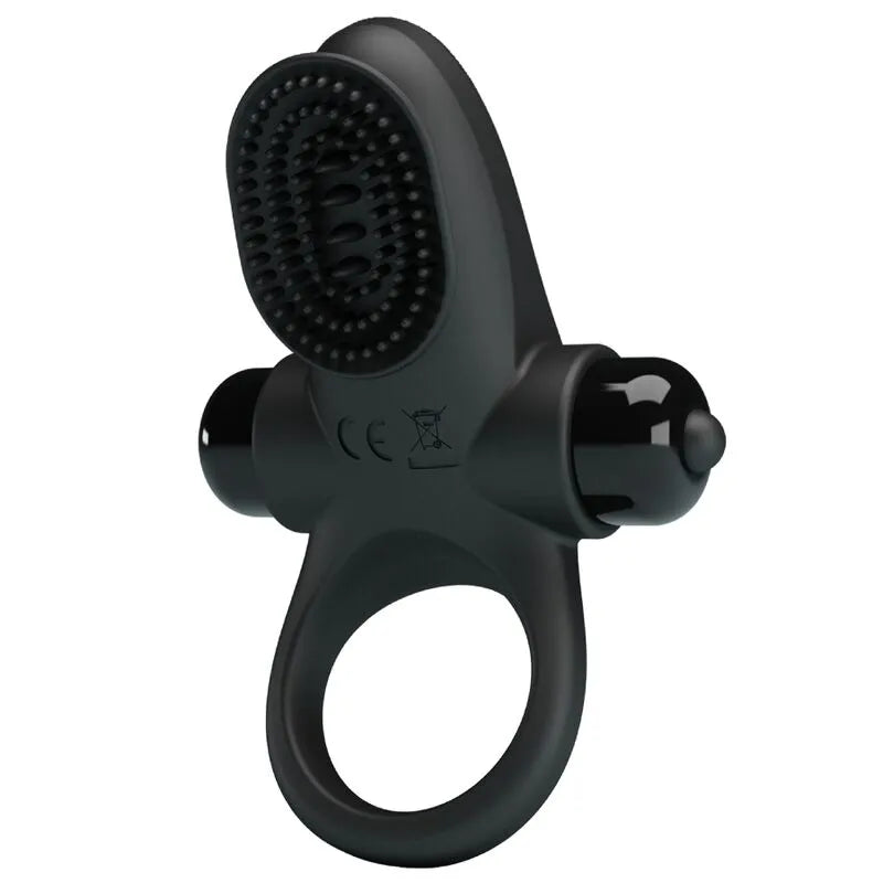Anneau pénien vibrant noir en silicone, texture soyeuse, stimulation clitoridienne, dix modes de vibrations puissantes.
