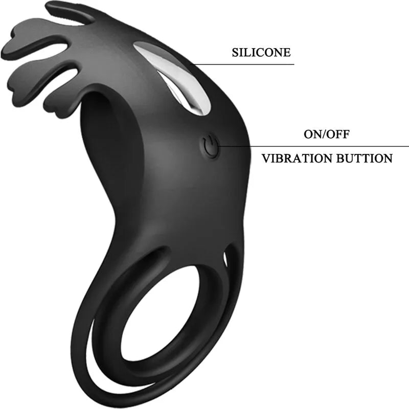 Anneau pénien vibrant noir en silicone, double anneau, bouton de vibration, design ergonomique, étanche, rechargeable.
