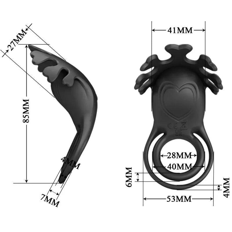 Anneau pénien vibrant noir en silicone, design double, extensible, rechargeable, avec détails ergonomiques et dimensions.