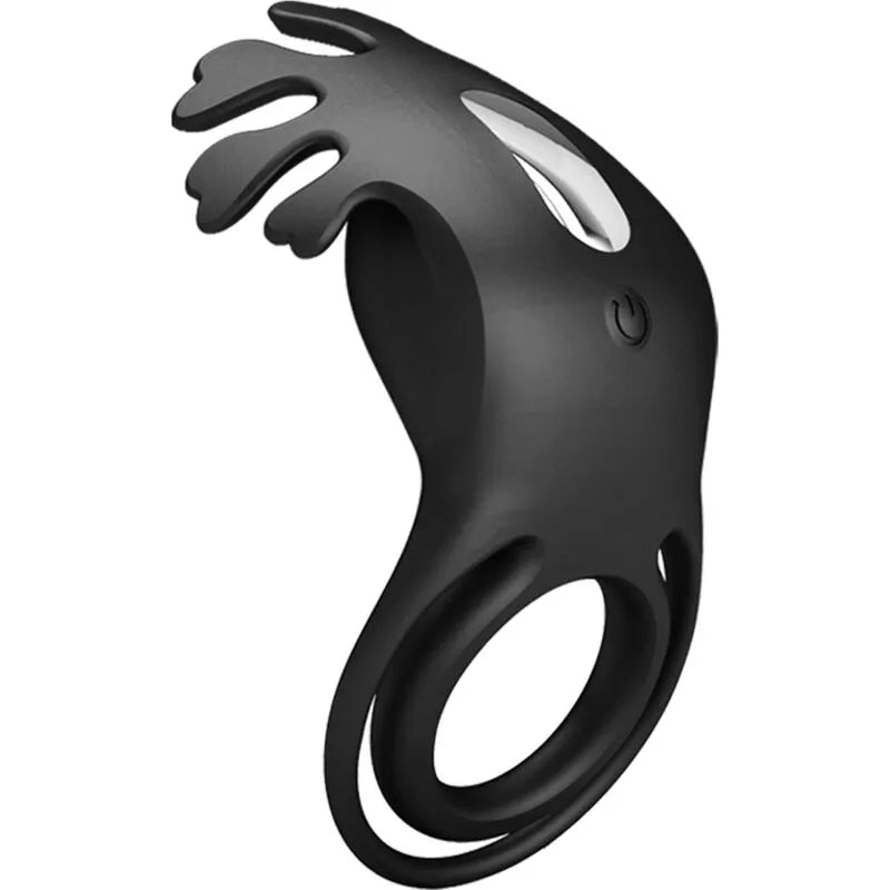 Anneau pénien vibrant noir en silicone, double anneau extensible, rechargeable, ergonomique, sept modes de vibration.