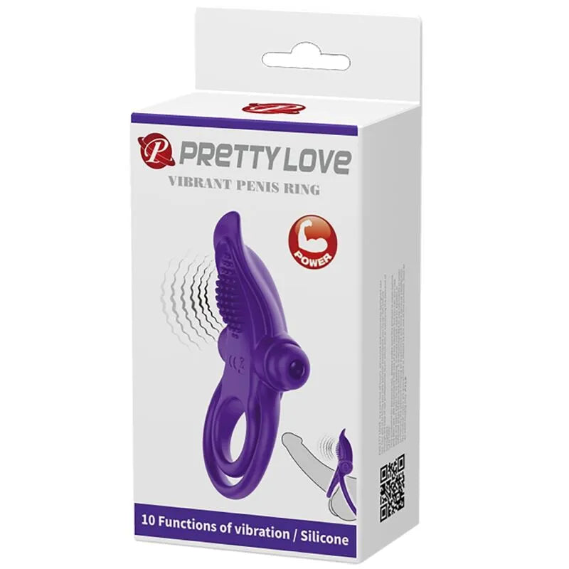 Anneau pénien vibrant violet en silicone, 10 modes, doux, confortable, durable, sur emballage blanc avec texte descriptif.