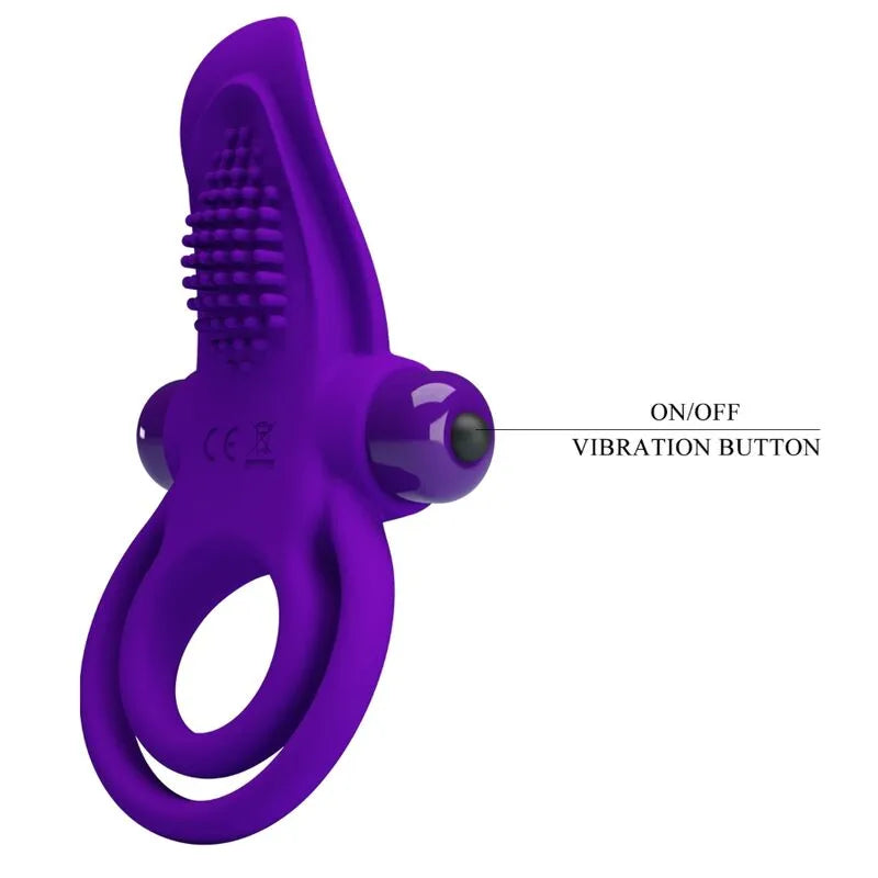 Anneau pénien vibrant violet en silicone, 10 modes, design ergonomique, bouton de vibration, confortable et durable.