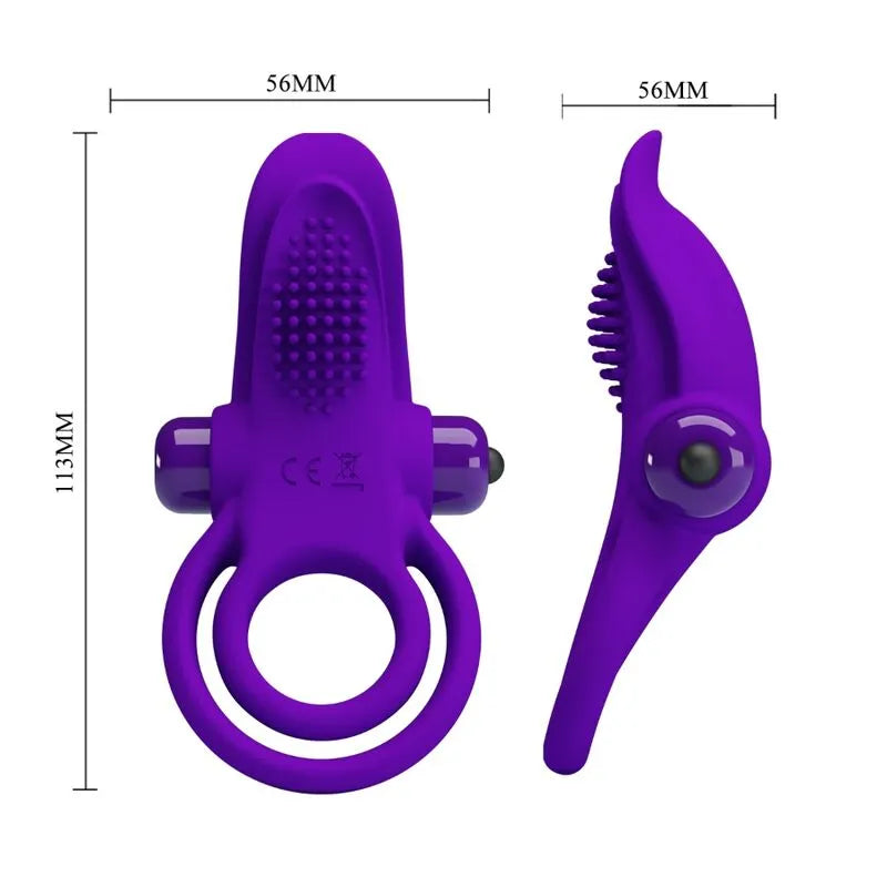 Anneau pénien vibrant violet en silicone, 10 modes, design ergonomique, dimensions 113x56mm, doux et confortable.