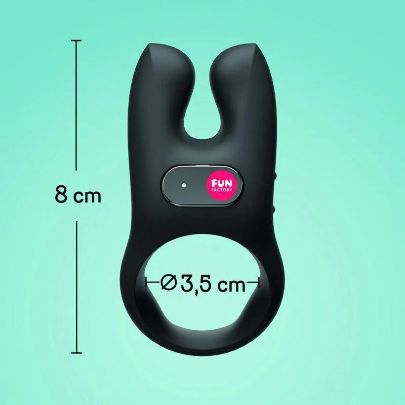 Anneau pénien vibrant noir silicone, double moteur, ergonomique, 8 cm, stimulation clitoridienne et pénienne, rechargeable.