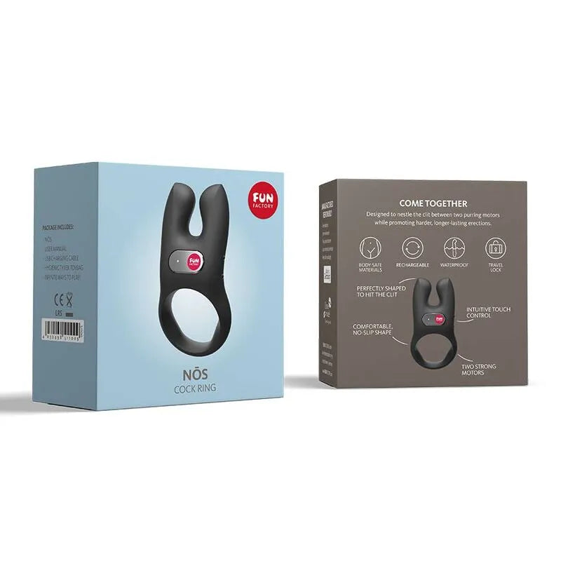 Anneau pénien vibrant noir en silicone hypoallergénique, design ergonomique, double moteur, sur fond d'emballage.
