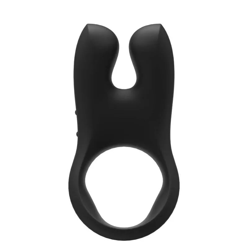 Anneau pénien vibrant noir silicone ergonomique, double moteur, design flexible, stimulation clitoridienne et pénienne.