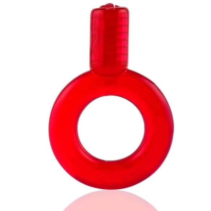 Anneau pénien vibrant rouge silicone, forme circulaire, moteur haute vitesse, ergonomique, discret, 30 min autonomie.