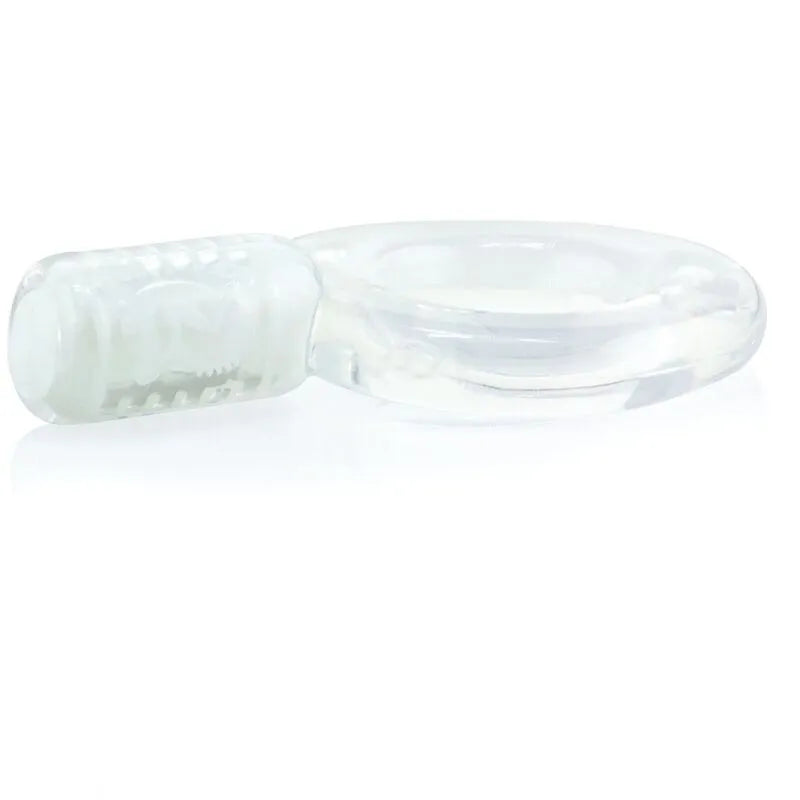 Anneau pénien vibrant transparent en silicone hypoallergénique avec moteur discret, extensible et ajustable pour érections.