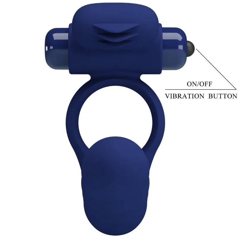 Anneau pénien vibrant bleu en silicone, 10 fonctions, compact, bouton de vibration, finition douce, hypoallergénique.