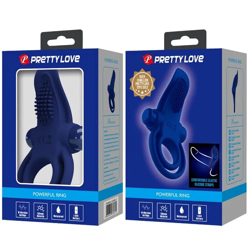 Anneau pénien vibrant bleu en silicone, 10 modes, étanche, ergonomique, extensible, hypoallergénique, emballage discret.