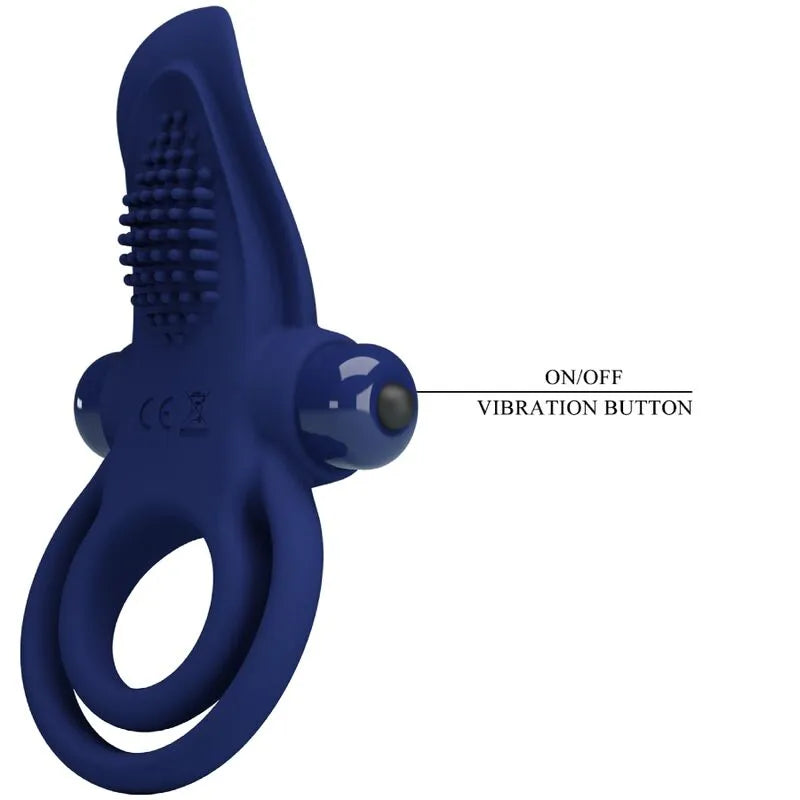 Anneau pénien vibrant bleu en silicone, 10 modes, ergonomique, extensible, bouton on/off, surface texturée.