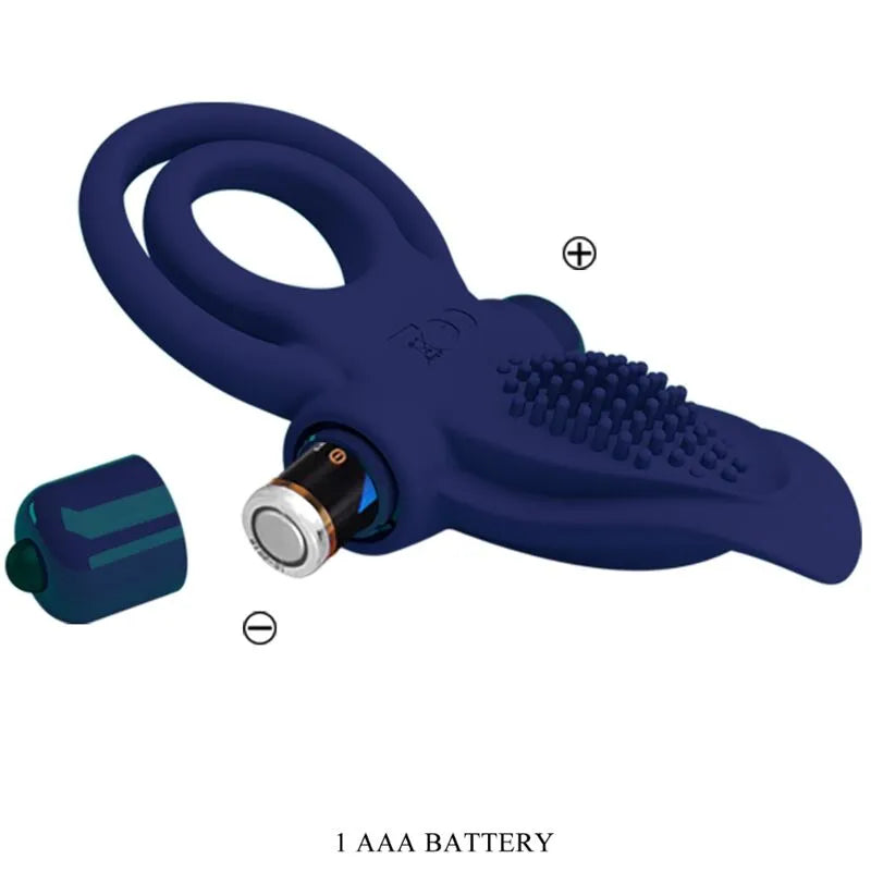 Anneau pénien vibrant bleu en silicone, 10 modes, ergonomique, extensible, avec pile AAA, surface texturée.