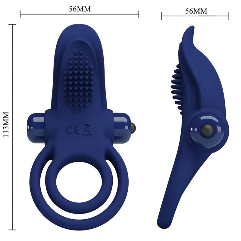 Anneau pénien vibrant bleu en silicone, 10 modes, extensible, ergonomique, étanche, vue avant et latérale.
