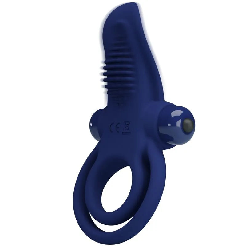 Anneau pénien vibrant bleu en silicone, ergonomique, 10 modes, extensible, étanche, hypoallergénique, discret.
