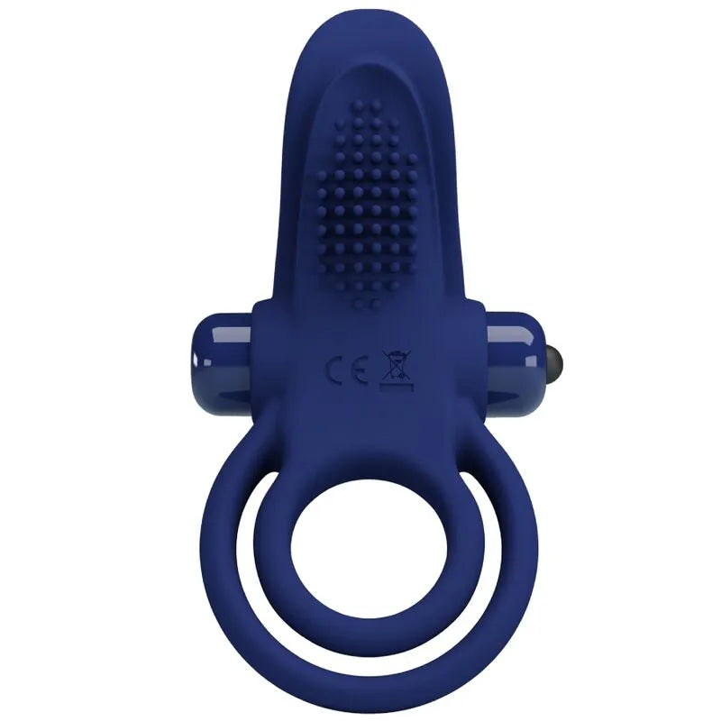 Anneau pénien vibrant bleu en silicone, 10 modes, ergonomique, extensible, étanche, avec texture stimulante.