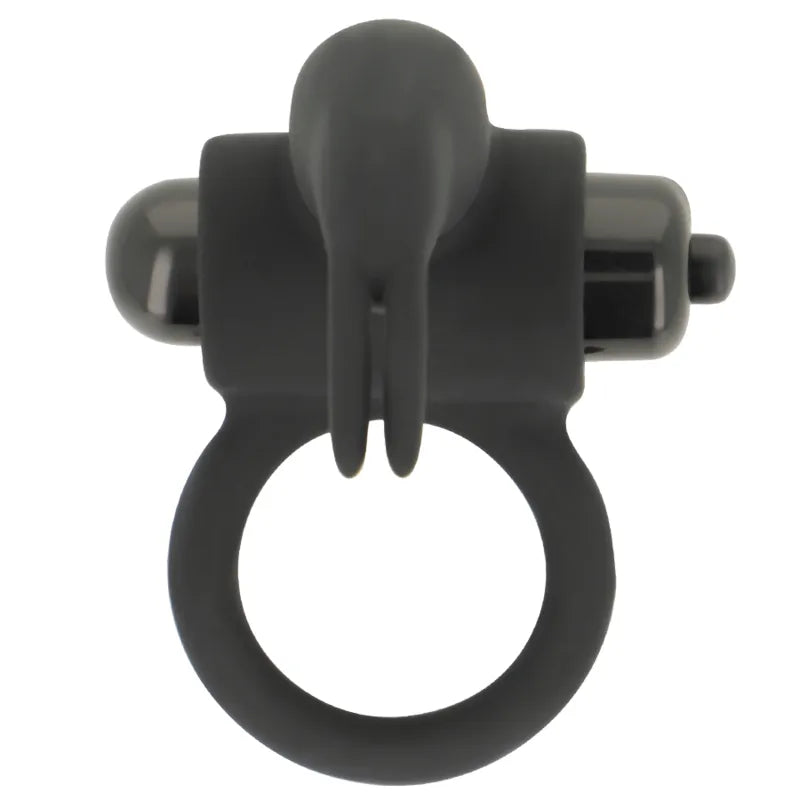 Anneau pénien vibrant noir en silicone hypoallergénique, design ergonomique, extensible, avec stimulateur amovible.